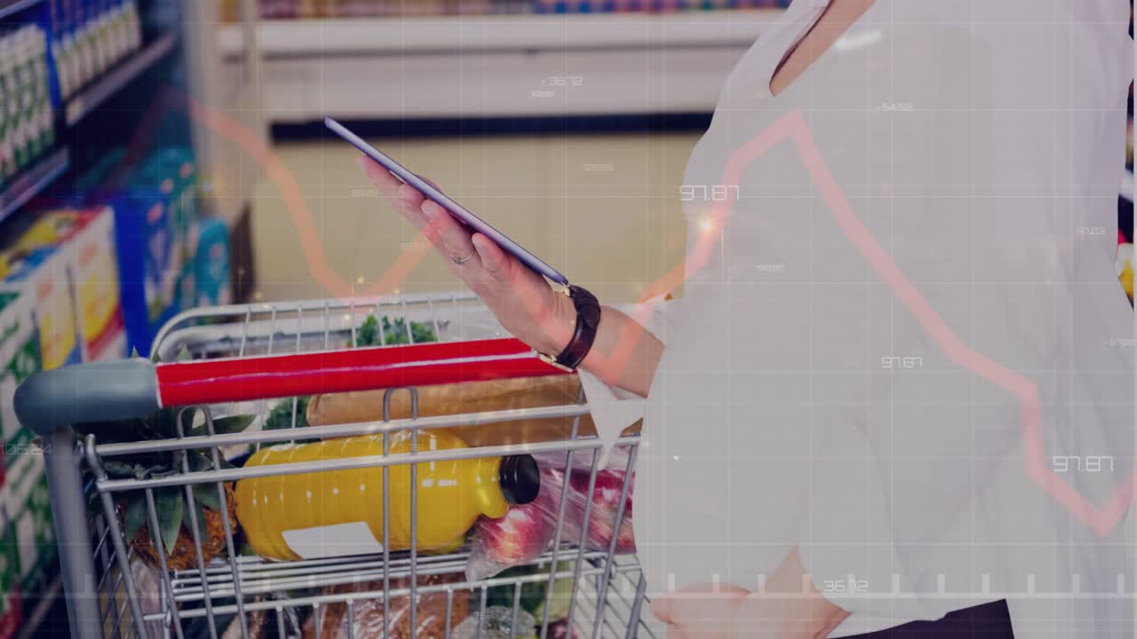 Animazione di dati finanziari e grafici su una donna caucasica che fa shopping con un tablet.