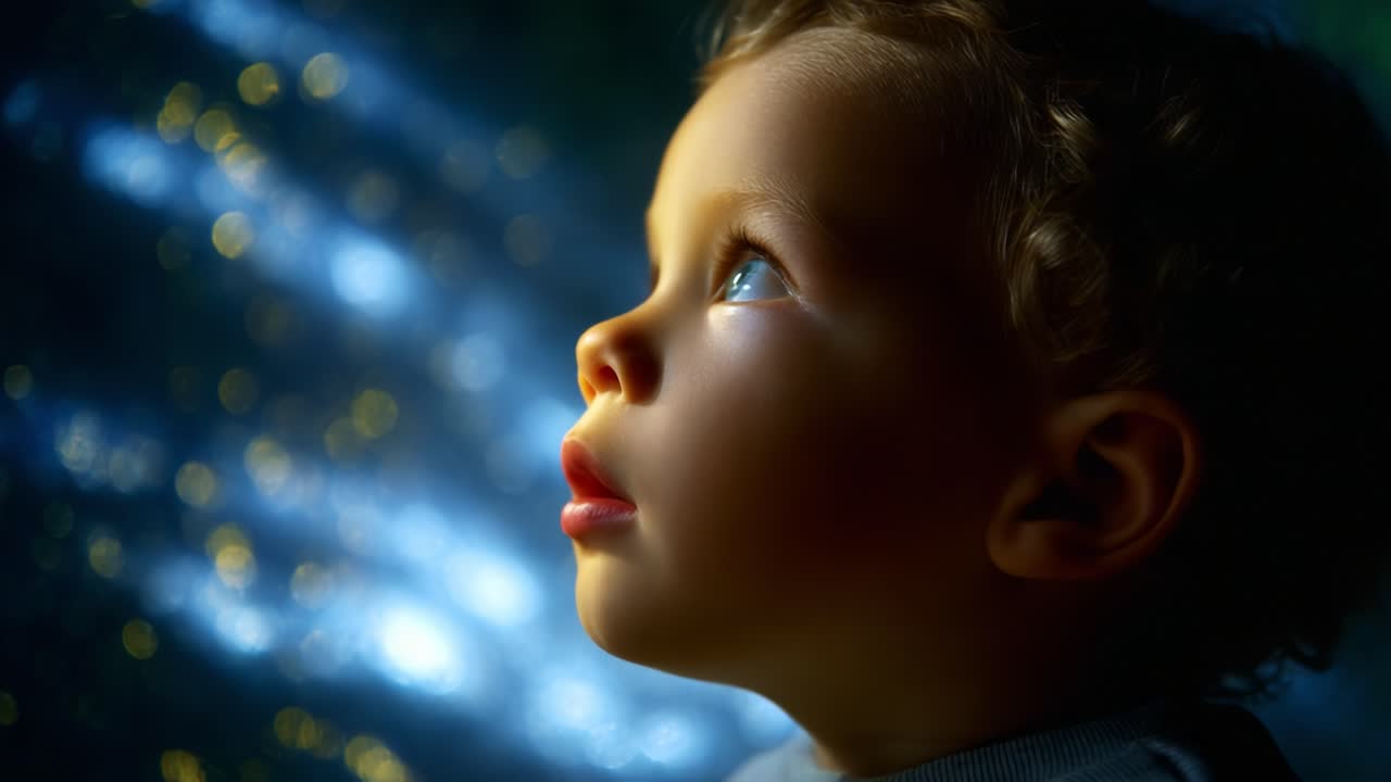 A Captivating Glimpse of Wonder: A Child Gazes Upward in Awe at the Enchanting Light and Sparkles, Evoking a Sense of Curiosity and Imagination in a Magical Setting