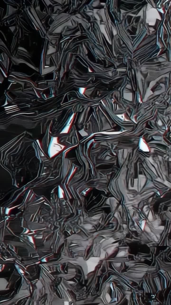 Vertical video: Glitching crumpled metallic texture undulating with color shift in digital space