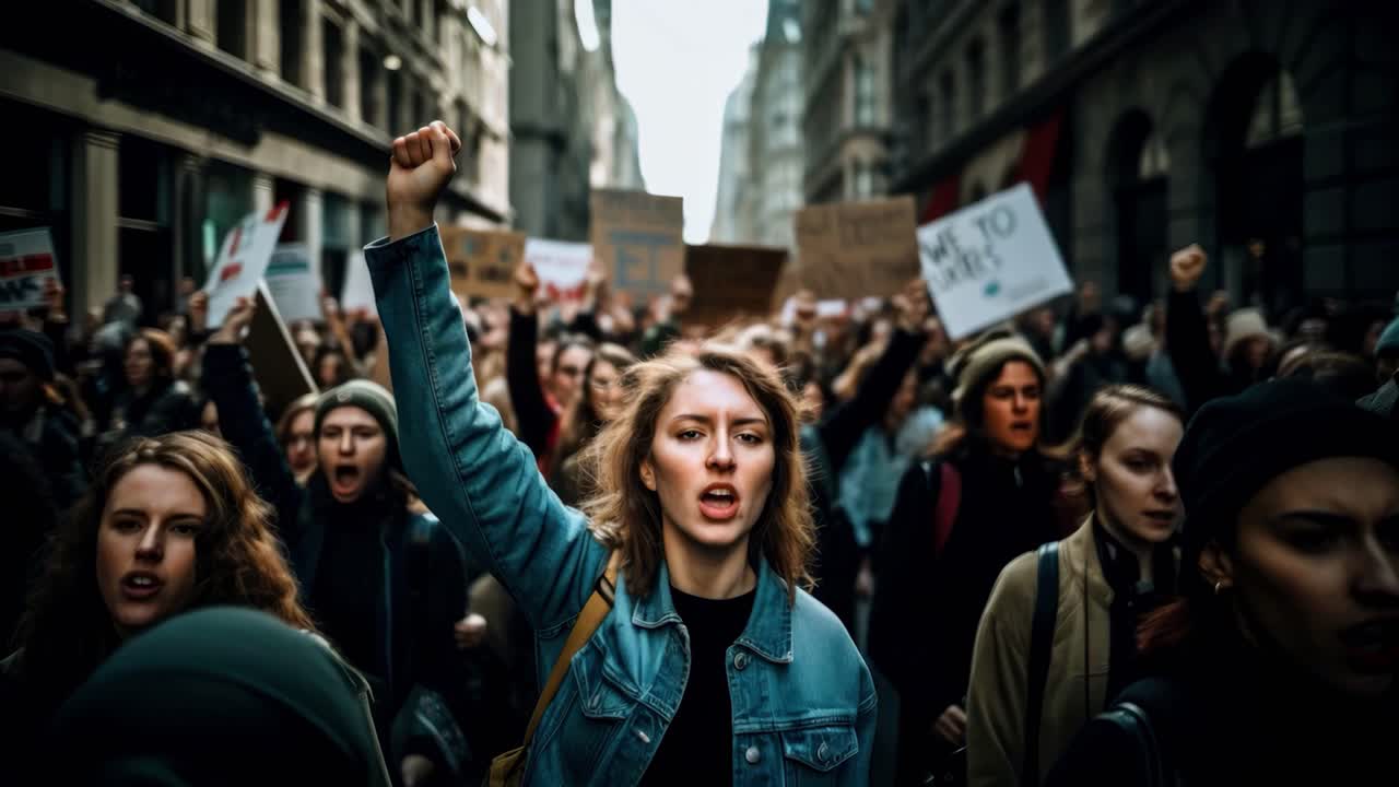A dynamic protest scene with passionate female demonstrators holding signs, emphasizing activism