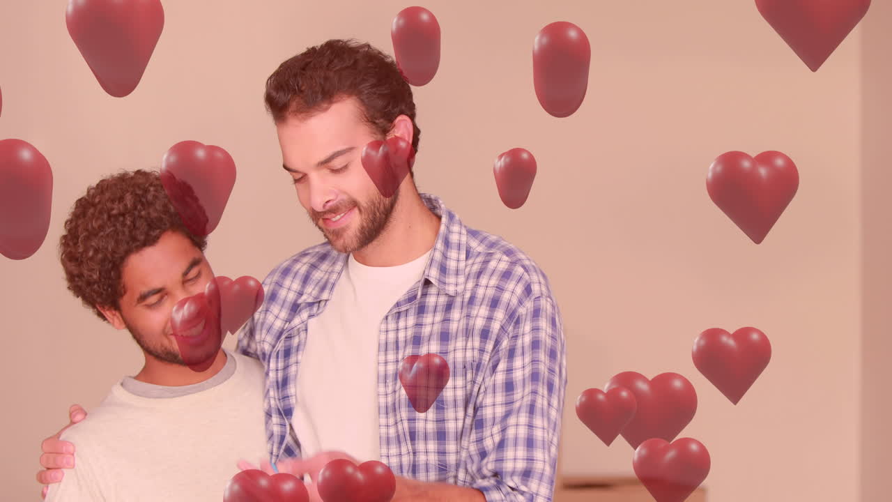 사랑에 빠진 남성 커플이 포옹하는 은 심장의 애니메이션