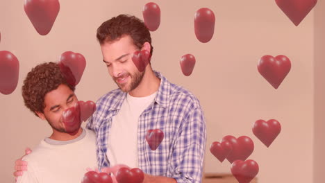 animation of red hearts over male couple in love embracing