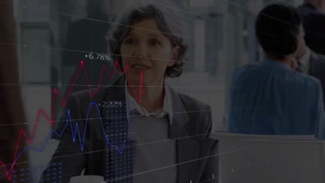 animación del procesamiento de datos financieros sobre una mujer de negocios caucásica en el cargo
