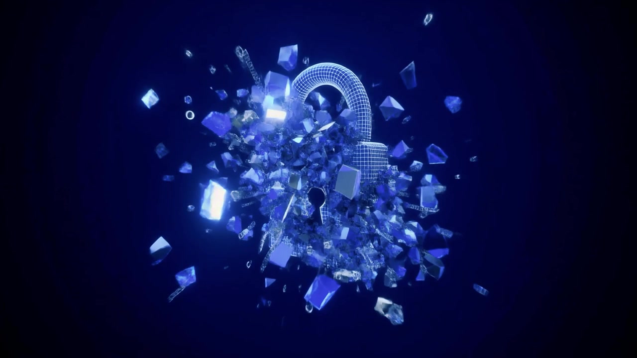 Digitální visací zámek tříštící se na fragmenty a binární kód