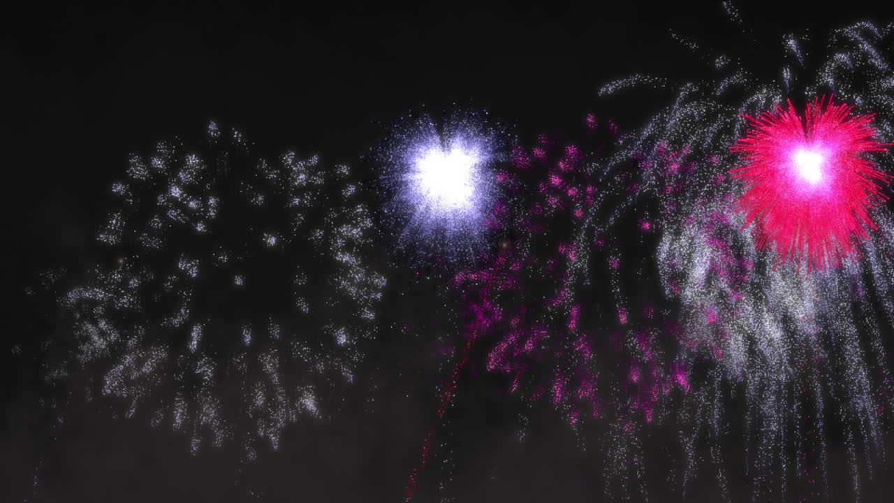 Animation of pink and white christmas and new year fireworks exploding in night sky