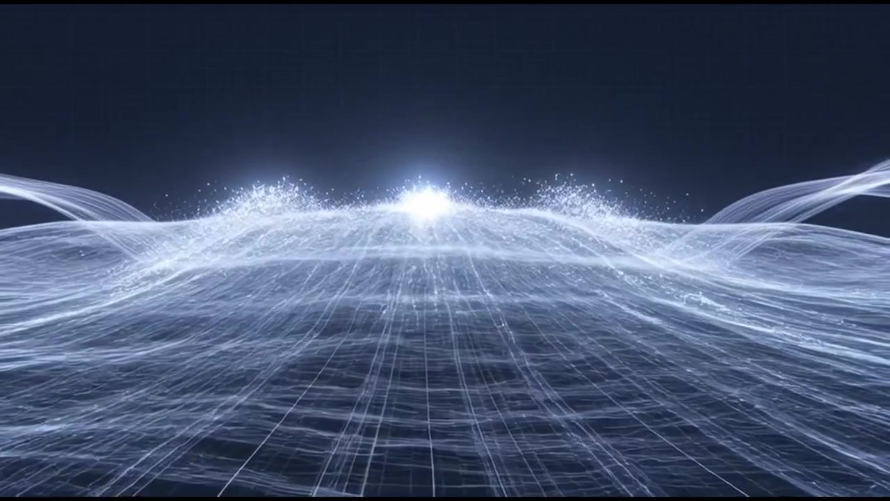 Abstract Digital Grid Landscape with Glowing Particle Waves