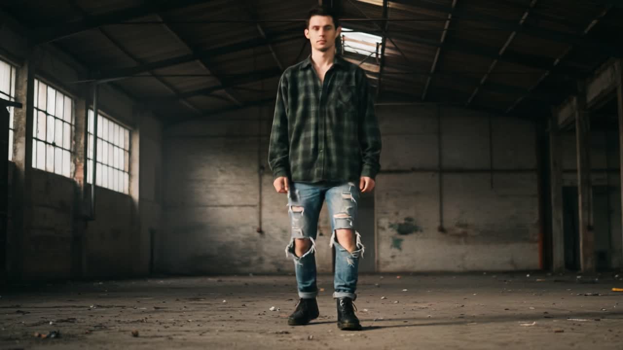 A solitary figure walks through an abandoned warehouse, showcasing urban fashion with ripped jeans and a flannel shirt, encapsulating a mood of introspection and loneliness.