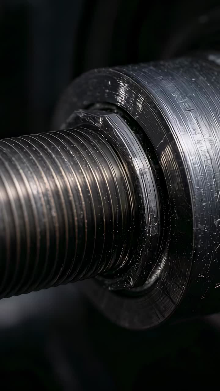 Vertical video: Motor engaging threaded shaft rotating at mill with nut and filings shifting