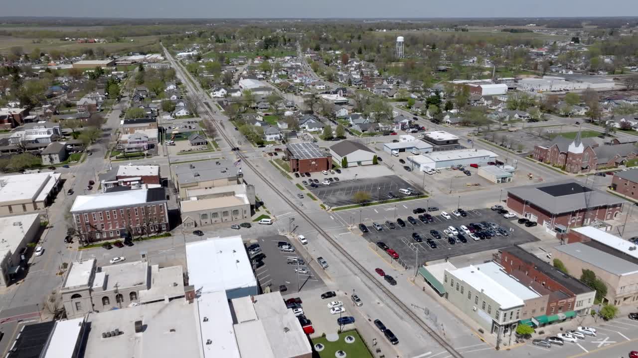 Downtown Seymour, Indiana with drone video at an angle.