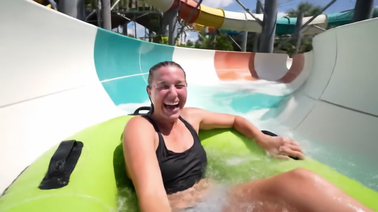 A Thrilling Adventure Down the Water Slide: Experience Excitement and Joy as Fun Unfolds in a Colorful Water Park Environment