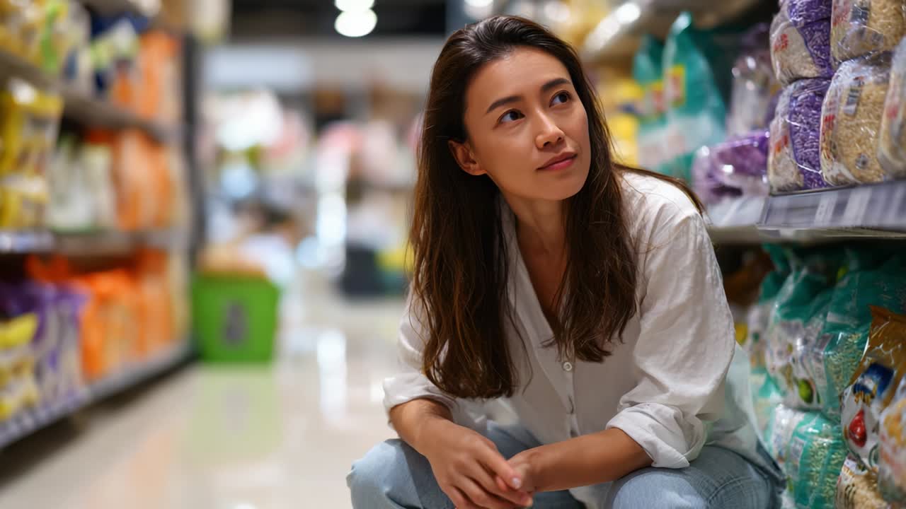 A thoughtful young woman pauses in an aisle of a grocery store, contemplating her options as she examines colorful packaging of products on the shelves while crouching down in a casual outfit