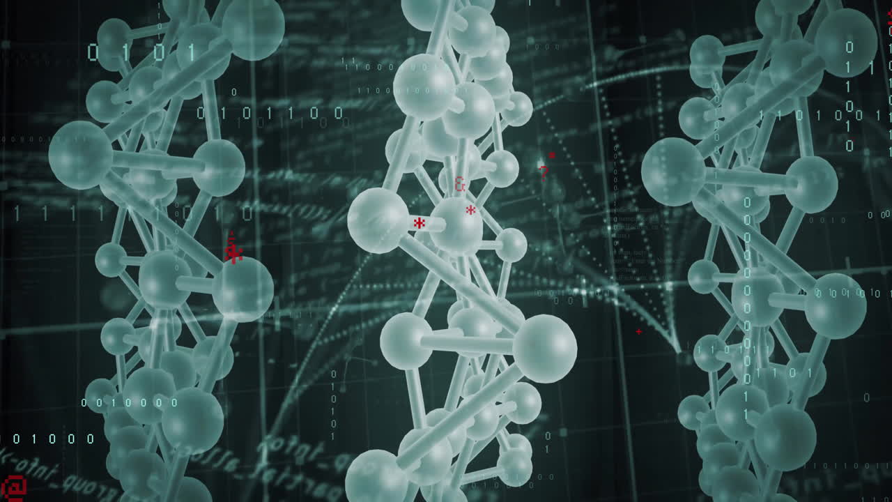 검은색 배경에 dna 스트랜드 위에 분자를 가진 데이터 처리의 애니메이션