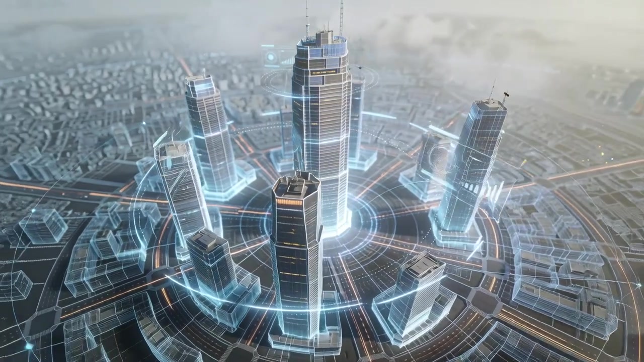 Starting system scan of central tower and ring towers at plaza, mapping core with glowing ring