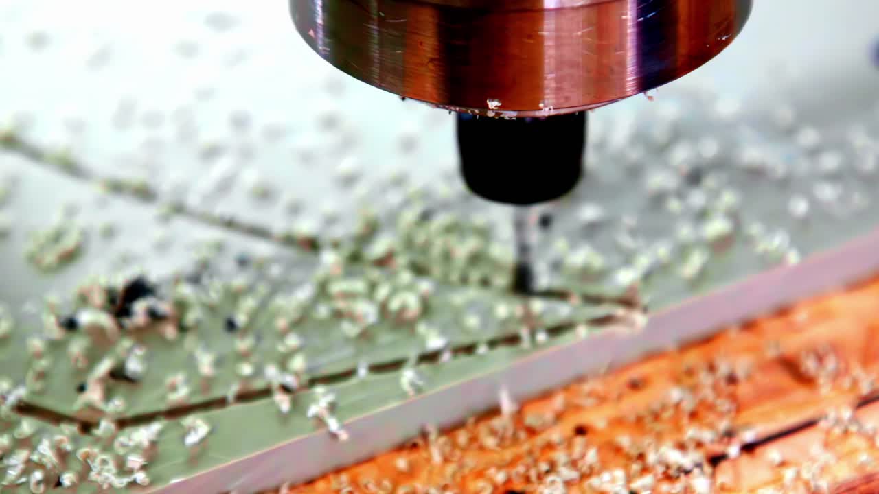 CNC router cuts into material while tiny flake particles fly from blade in detailed view