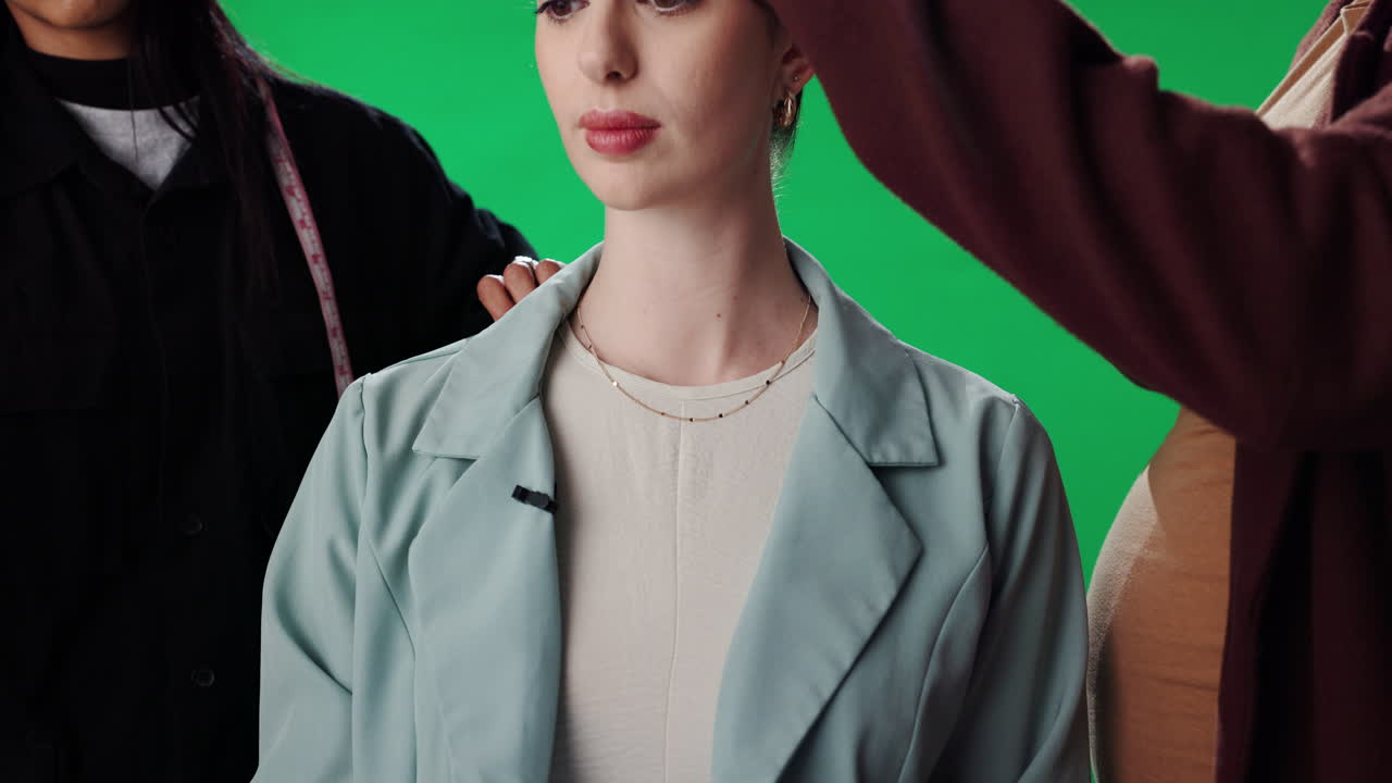 Woman wearing jacket and jewelry in front of a green screen