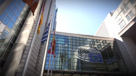 multiple eu country flags waving in front of parliament building