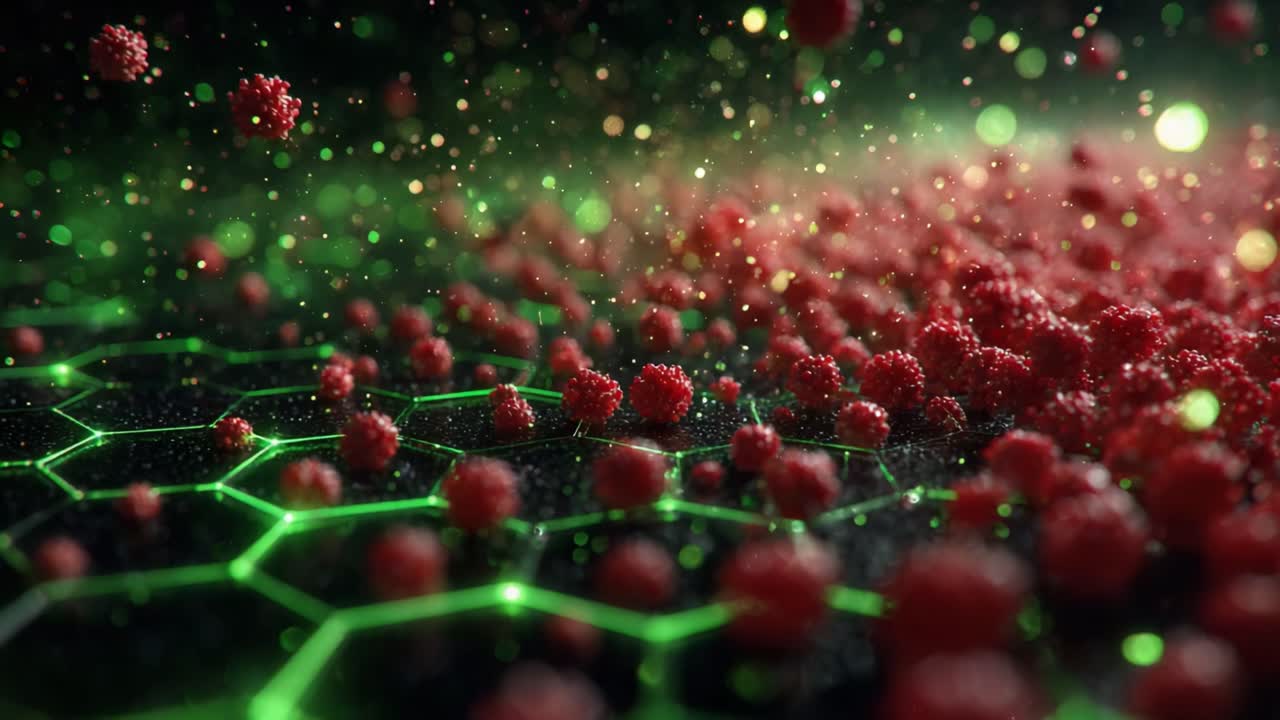 Exploración detallada de un paisaje microbiano: partículas rojas vibrantes dispersas sobre una cuadrícula hexagonal verde, que representan interacciones dinámicas en un entorno de ciencia ficción