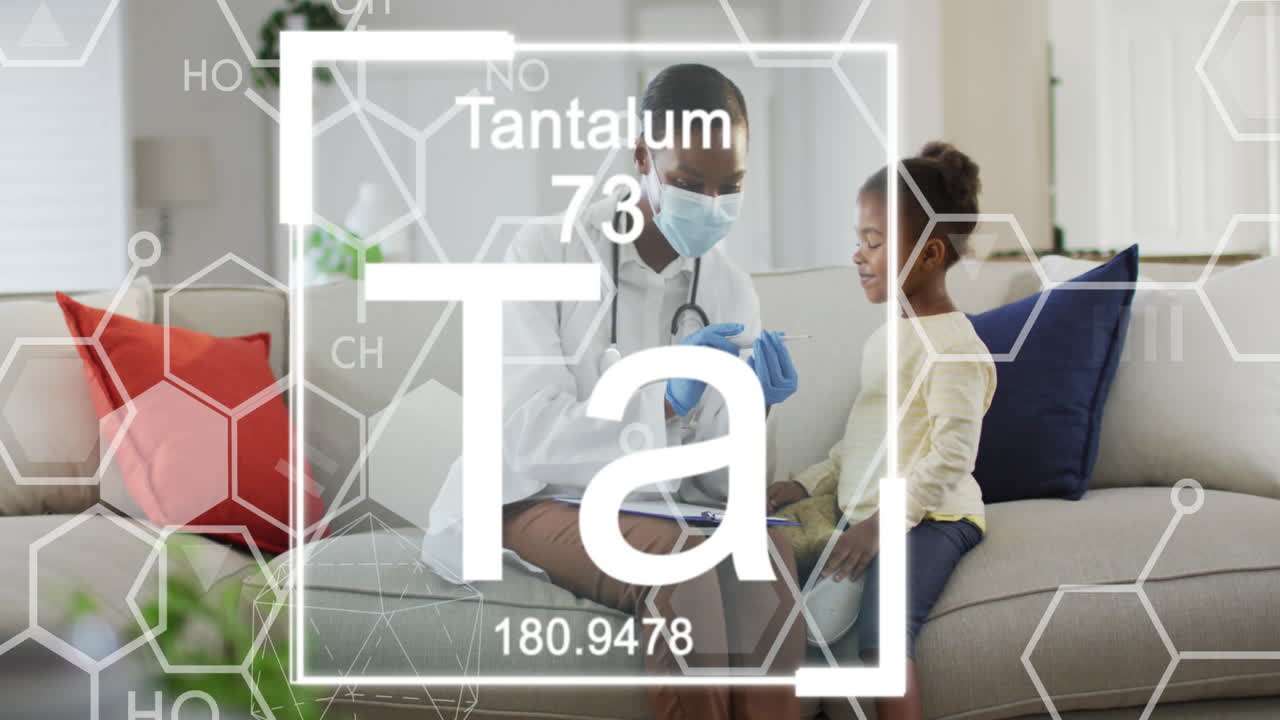 Animation of chemical symbols over african american doctor and patient wearing face masks