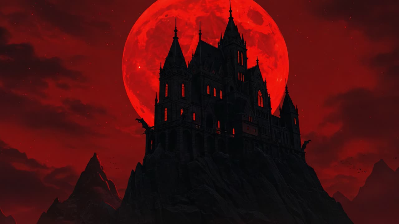 A Haunting Gothic Castle Silhouetted Against a Blood Red Moon, Eliciting an Eerie Atmosphere in a Dark and Mysterious Landscape