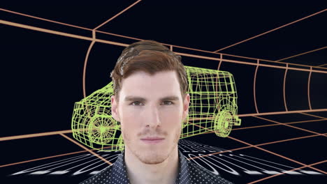 animation of caucasian man over 3d drawing model of van and grid