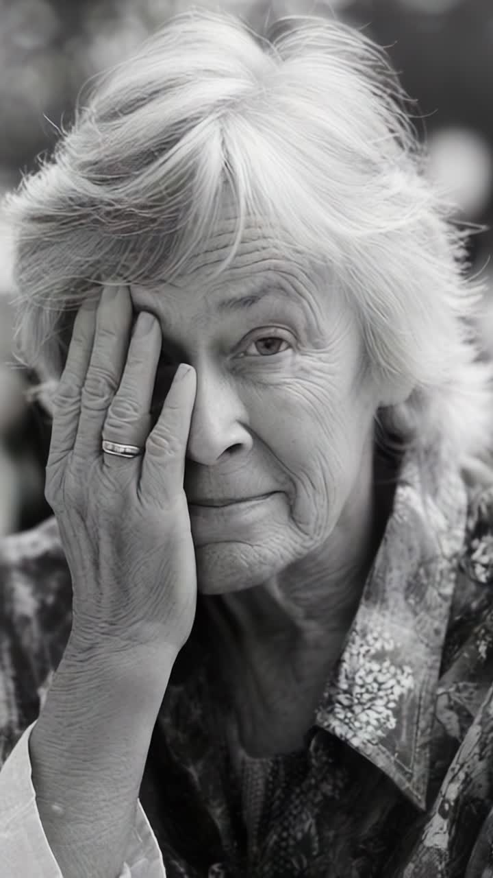 A contemplative elderly woman covers her face with one hand, revealing a gentle smile and deep character, embodying emotions of wisdom, resilience, and nostalgia