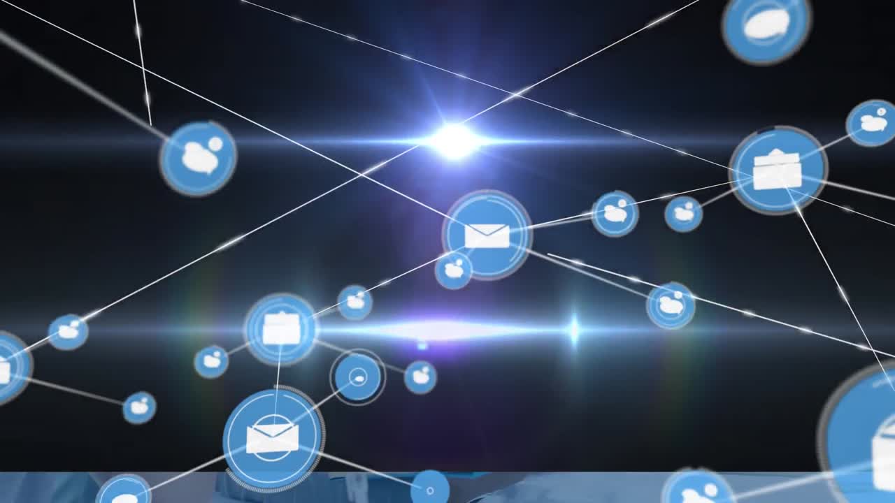 Animation of network of connections with envelope icons on purple background