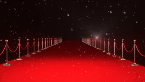 Animation-of-snow-falling-over-red-carpet-venue,-with-paparazzi-flashbulbs