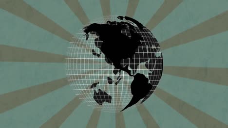 animación digital del icono del globo giratorio contra los rayos radiales en movimiento sobre un fondo verde