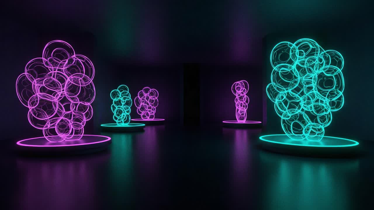 A Visually Stunning Display of Neon Light Sculptures in a Dark Space, Highlighting Intricate Patterns of Pink and Cyan Bubbles Elevating Digital Artistry in Modern Design