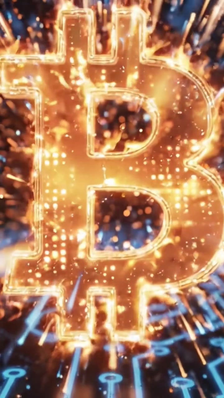 Visualizzazione Dinamica della Criptovaluta: Il Simbolo Bitcoin Illuminato Circondato da Scintille Vibranti e Motivi Tecnologici in un Ambiente Digitale Accattivante