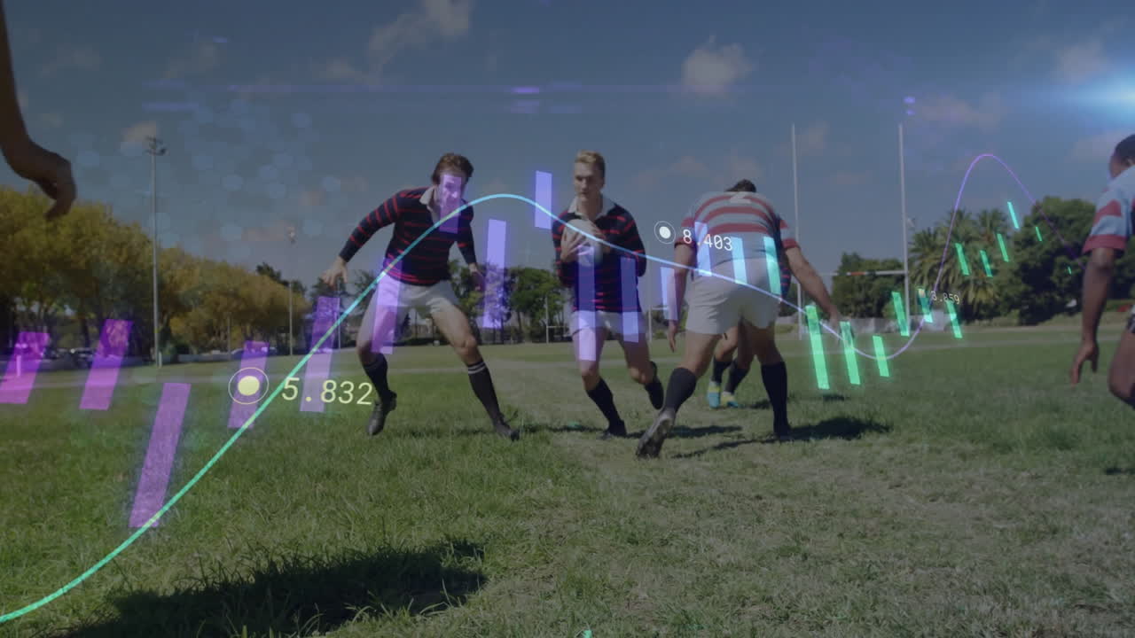 Rugby players on field with financial data and graphs animation overlay