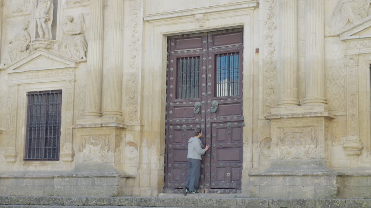 Adult Woman Walks to Entrance Door Old City Hall Jerez de la Frontera