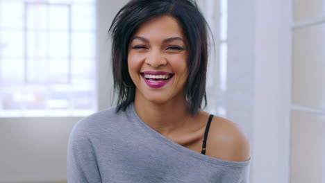 face, laughing and cheerful fashion stylist happy