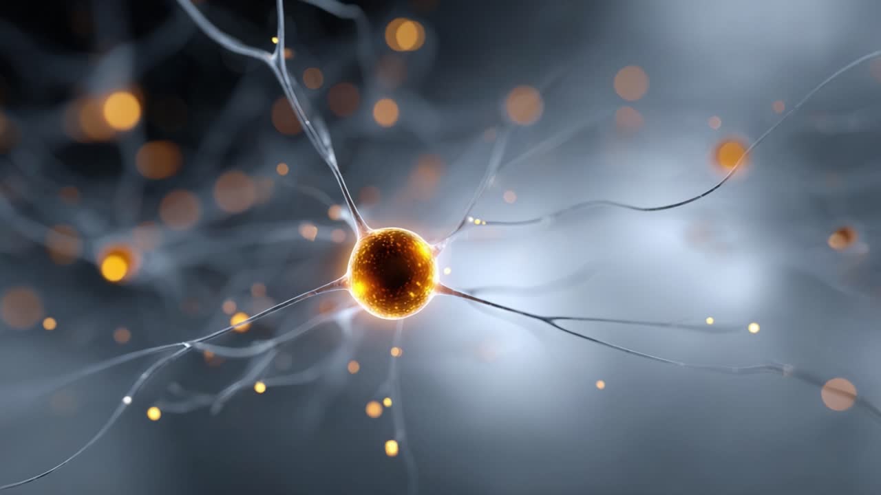 Intricate close-up of a neuron, showcasing the complex structure and connections of neural networks, highlighted by glowing orbs and delicate filaments in a digital realm
