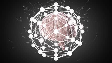 digital animation of globe of network of connections against human brain spinning on grey background