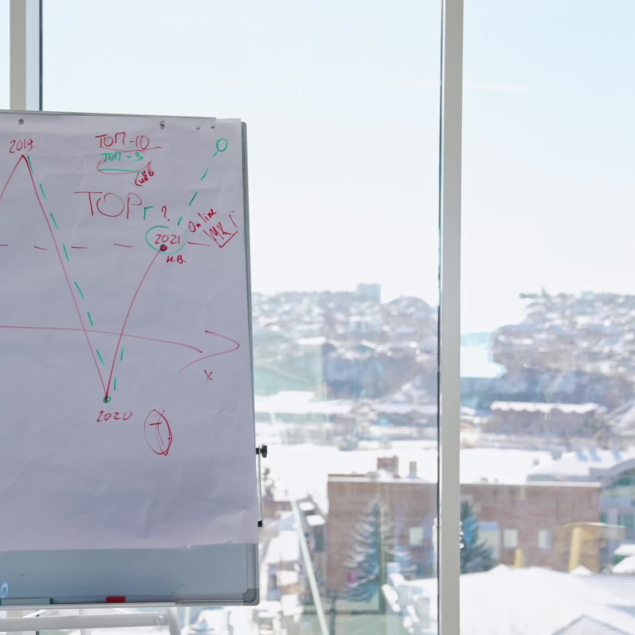 Presenting ideas with the help of chart. Middle-aged speaker in suit steps from a chart and points at something in the window. Cityscape in the backdrop