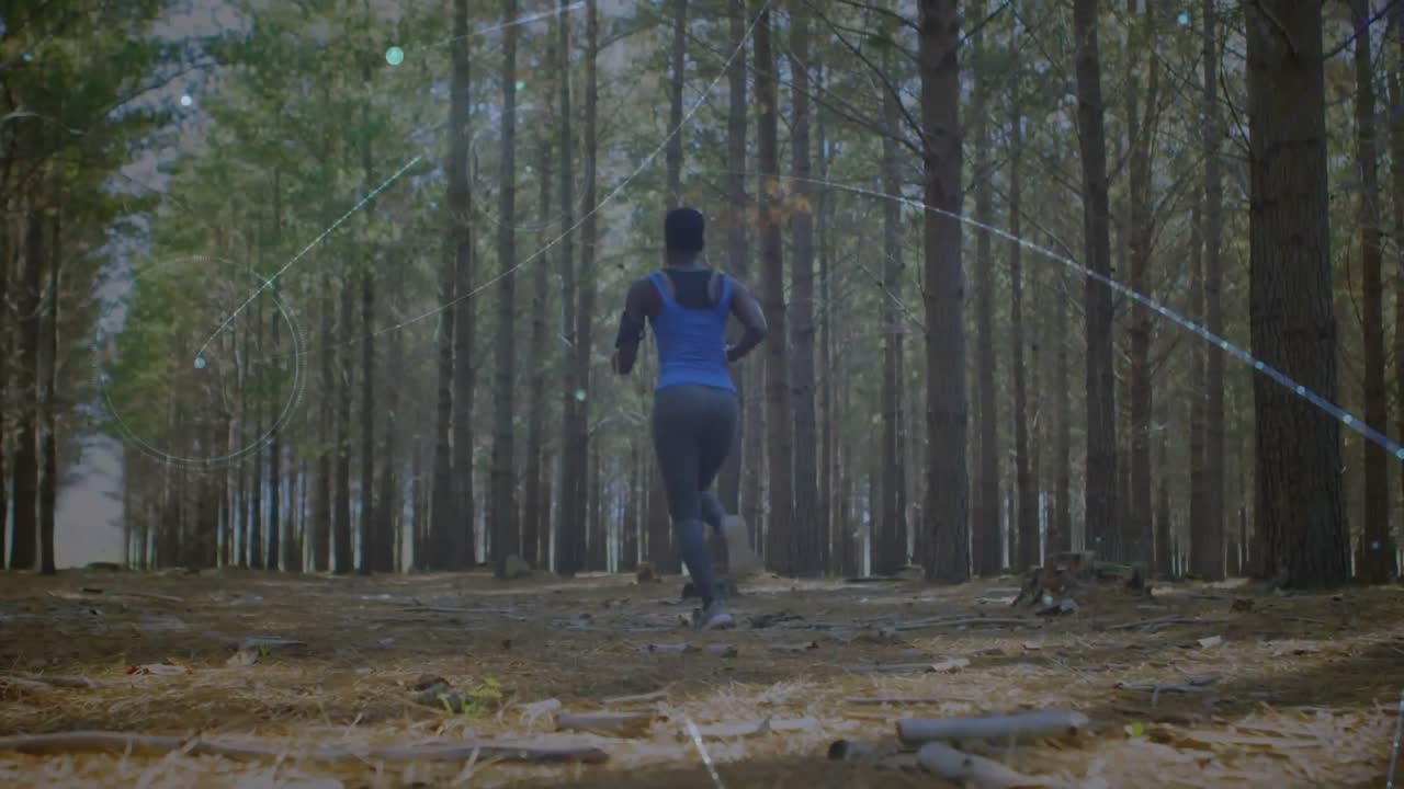 Animation of network of connections over woman running exercising in forest