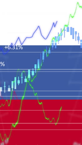 animación de flechas, gráficos y datos financieros sobre la bandera de rusia
