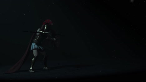 Ancient-Greek-warrior-hoplite-ready-to-fight-inside-a-dark-space,-with-volumetric-light-behind-him-and-dust-particles-floating,-3D-animation,-back-view,-camera-zoom-slowly