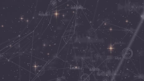 animation of christmas stars moving over network and data processing on night sky