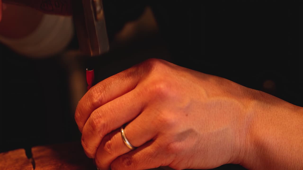 Close-up of hands gripping a red pencil over a wooden table, focusing on the fingers and pencil tip.
