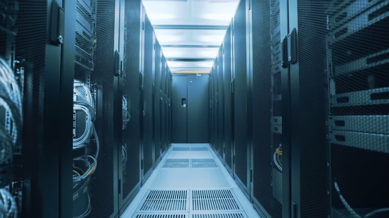 A Glimpse Inside a Modern Data Center: High-Tech Server Racks Illuminated by Cool Lighting Along the Narrow Aisle Showcasing Advanced Computing Infrastructure