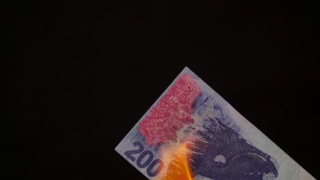 Nahaufnahme-Eines-Brennenden-Argentinischen-200-Pesos-Scheins,-Der-Die-Steigenden-Lebenshaltungskosten-Veranschaulicht