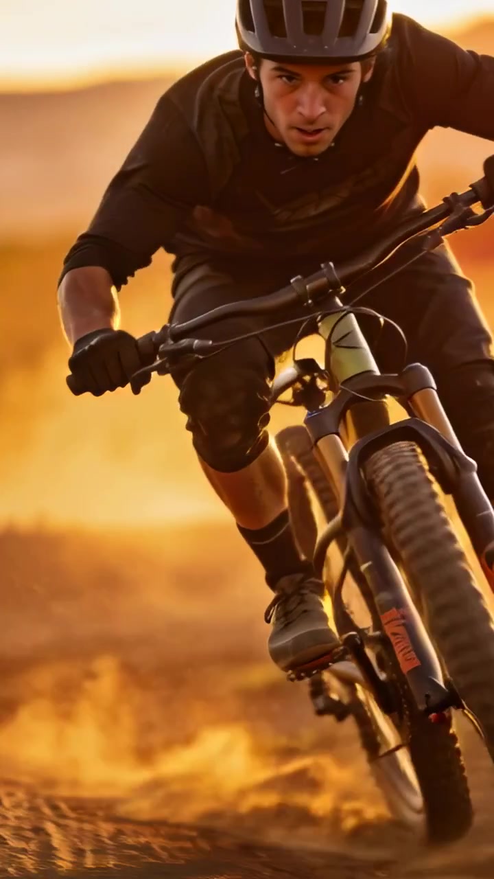 Video verticale: Svoltando a destra, un uomo in MTB con casco percorre un sentiero polveroso al tramonto mantenendo la velocità.