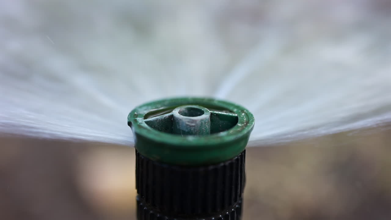 Primo piano di un irrigatore in azione, che spruzza acqua su erba e piante