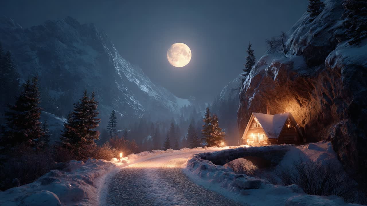 A serene winter night scene featuring a cozy cabin illuminated by the bright moonlight, surrounded by snow-covered mountains and evergreen trees along a winding path