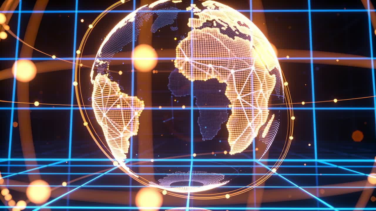Rotating wireframe globe with frames advancing in dark studio centering Africa with orbiting nodes