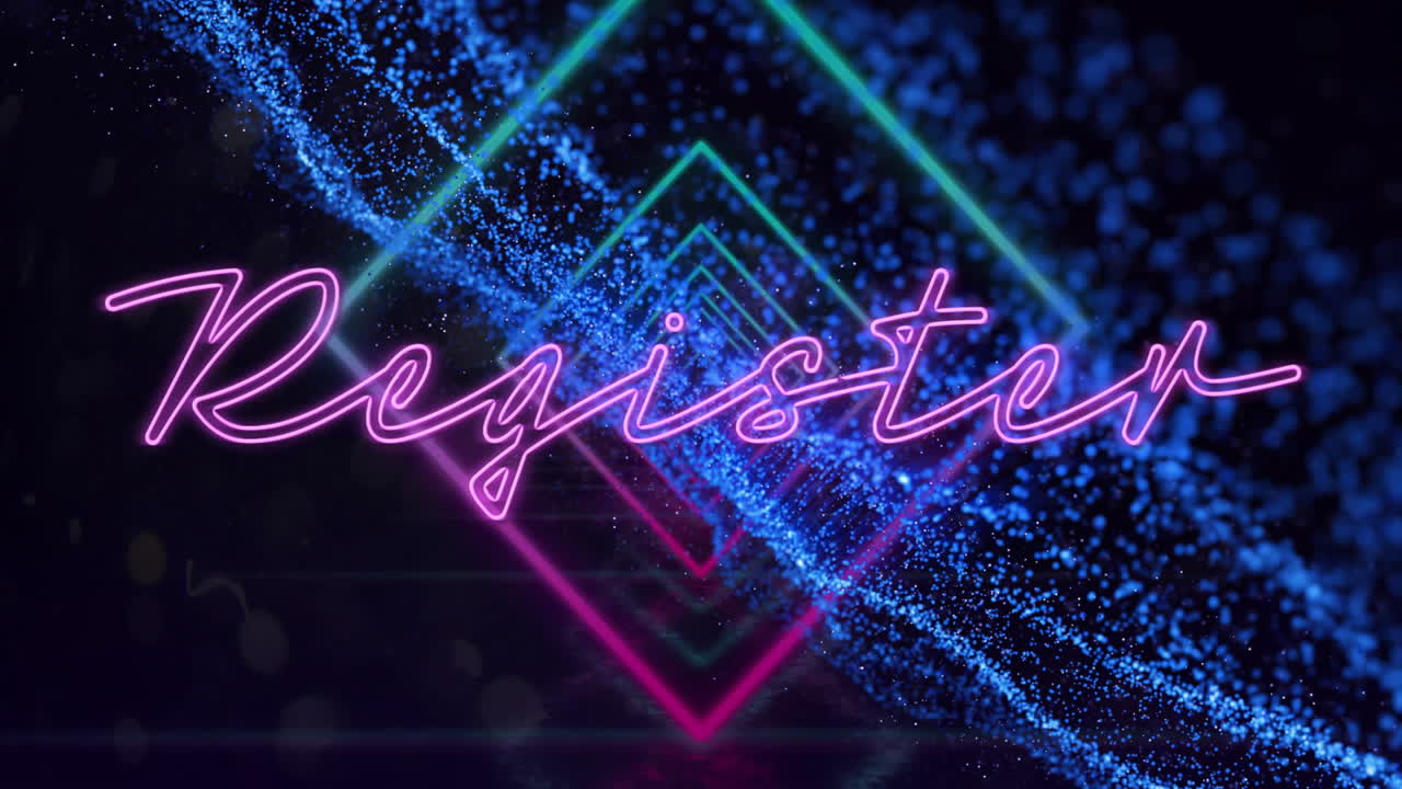Register text animation over neon geometric shapes and particle effects