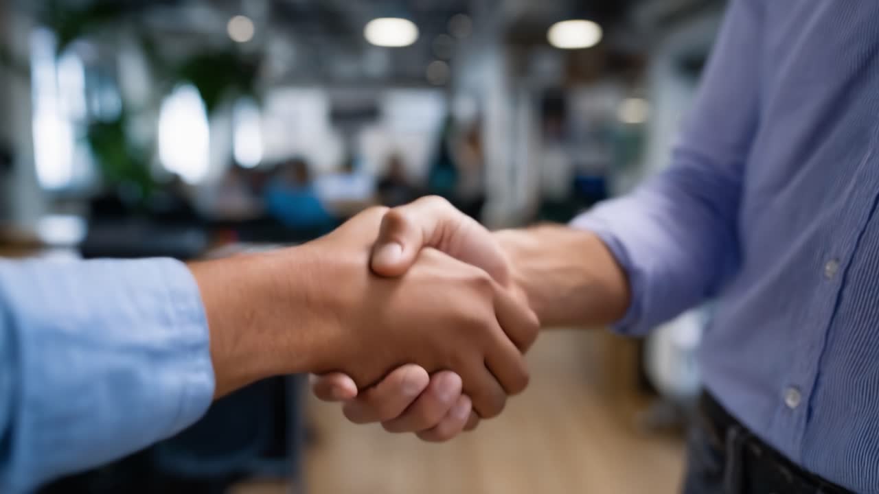 Una stretta di mano tra due persone in un moderno ufficio, che simboleggia accordo, partnership e collaborazione in un ambiente professionale