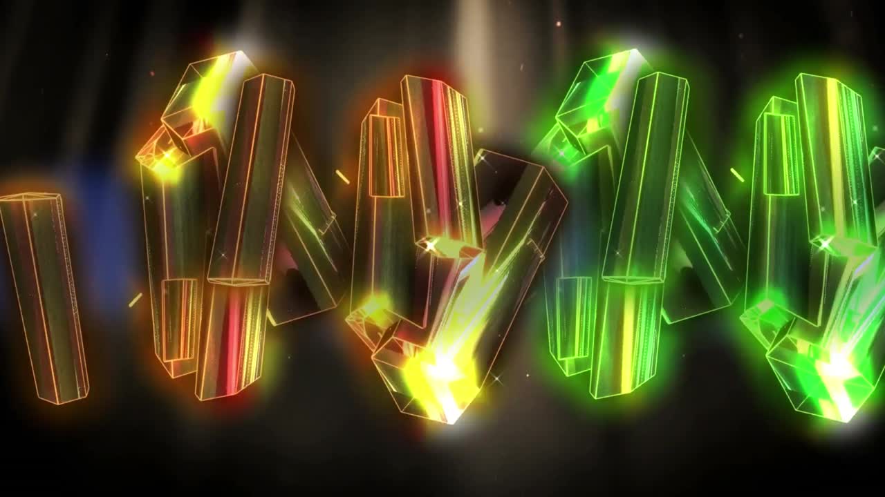 animación de diamantes naranjas y verdes que se mueven sobre el espacio marrón con luces